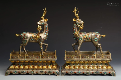 PAIR OF GILT SILVER GEMSTONE INLAID DEER ORNAME…