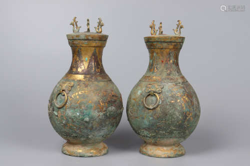 Chinese Pair Of Bronze Gold Gilded Bottles Inlaid With Turqu...