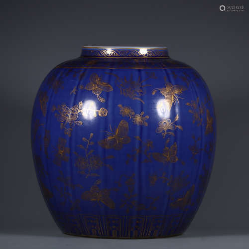 Chinese Qing Dynasty Guangxu Blue Glazed Gold Painted 