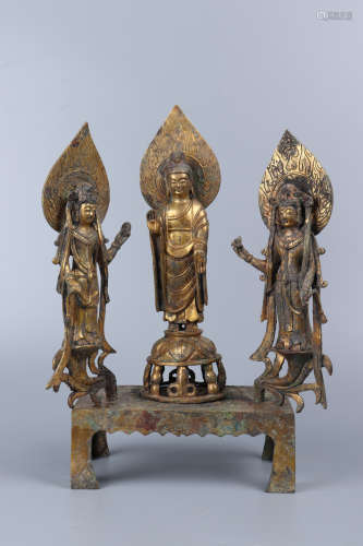 Chinese Set Of Bronze Gold Gilded Buddha Statue