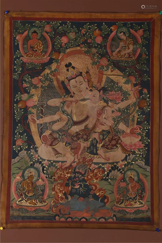 A HAPPY BUDDHA THANGKA.