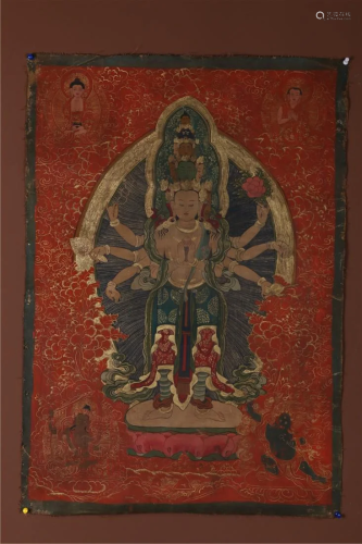 A EIGHT-ARM AND ELEVEN-FACE BUDDHA THANGKA.