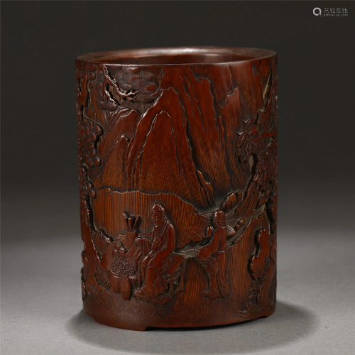 A CHINESE BAMBOO FIGURE-AND-LANDSCAPE BRUSH POT