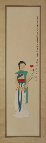 A CHINESE SCROLL PAINTING OF LADY HOLDING FLOWERS