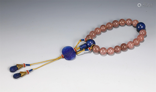 A CHINESE PINK CRYSTAL PRAYER BEADS