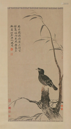 A CHINESE SCROLL PAINTING OF BIRD AND TREE