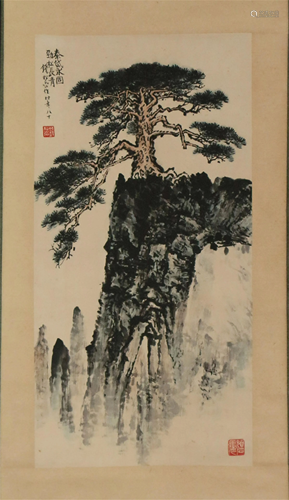 A CHINESE SCROLL PAINTING OF MOUNTAIN AND PINE TREE