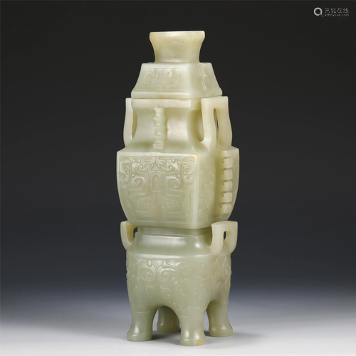 A CHINESE JADE CARVED FOUR-FOOTED SQUARE VASE AND …