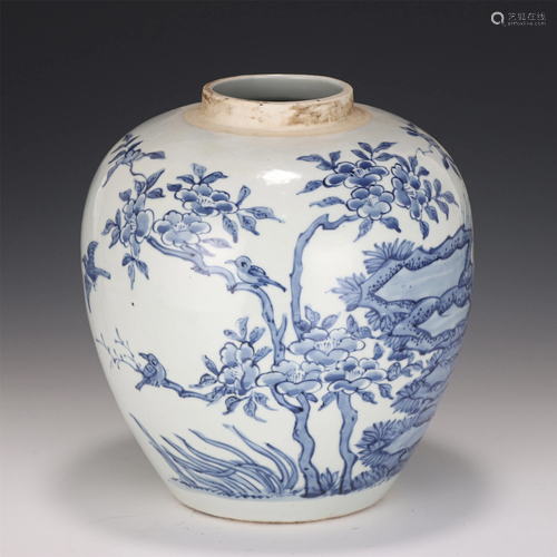 A CHINESE BLUE AND WHITE FLOWER-BIRD PORCELAIN JAR