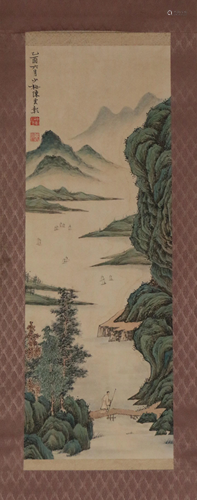 A CHINESE SCROLL PAINTING OF LANDSCAPE AND FIGURE