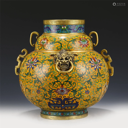 A CHINESE CLOISONNE VASE WITH DOUBLE BEAST HANDLES