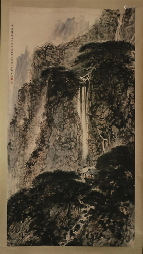 A CHINESE SCROLL PAINTING OF LANDSCAPE AND FIGURES