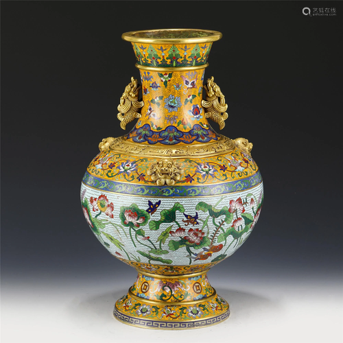 A CHINESE CLOISONNE LOTUS-POND VASE WITH BEAST HA…