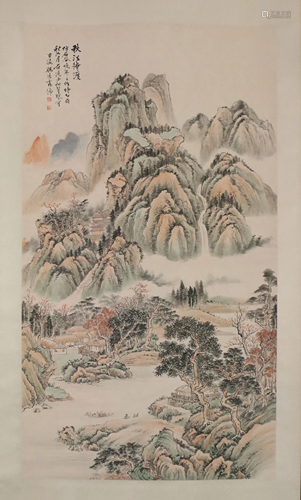 A CHINESE SCROLL PAINTING OF LANDSCAPE AND FIGURES