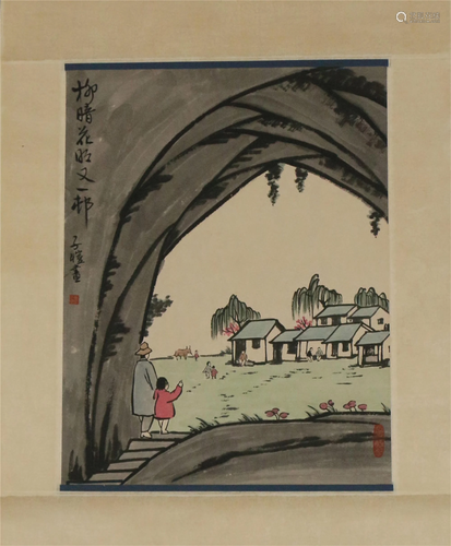 A CHINESE SCROLL PAINTING OF FIGURES AND VILLAGE