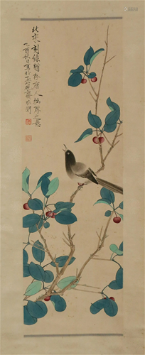 A CHINESE PAINTING OF BIRD AND CHERRY TREE