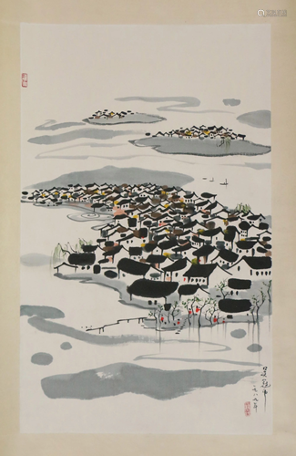 A CHINESE SCROLL PAINTING DEPICTING WATER-TOWN