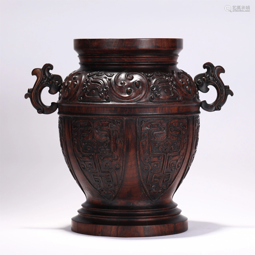 A CHINESE ZITAN WOOD VASE WITH DOUBLE HANDLES