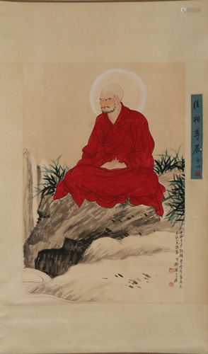 A CHINESE SCROLL PAINTING DEPICTING AN ARHAT