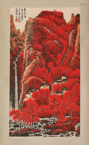 A CHINESE SCROLL PAINTING OF AUTUMN MOUNTAIN SCENERY