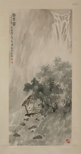 A CHINESE SCROLL PAINTING OF FIGURE AND WATERFALL