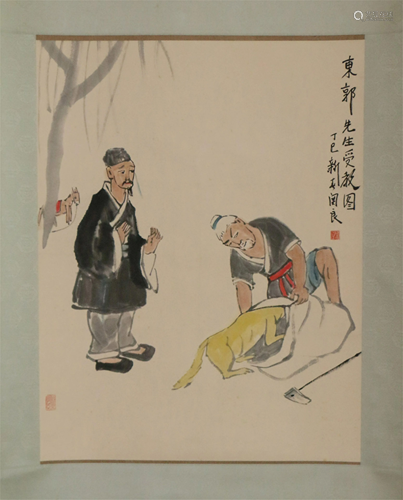 A CHINESE SCROLL PAINTING OF FIGURES STORY