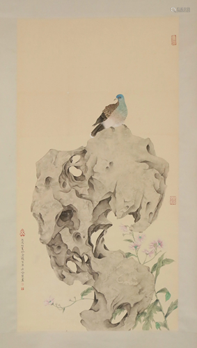 A CHINESE SCROLL PAINTING OF FLOWERS AND BIRD