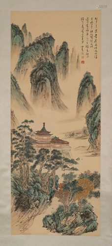 A CHINESE SCROLL PAINTING OF LANDSCAPE AND FIGURES