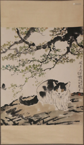 A CHINESE SCROLL PAINTING OF CAT