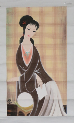 A CHINESE FIGURE SCROLL PAINTING OF A LADY