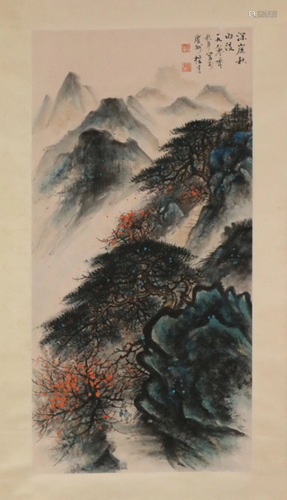 A CHINESE PAINTING OF LANDSCAPE AND FIGURES