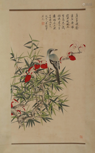 A CHINESE SCROLL PAINTING OF FLOWERS AND BIRDS