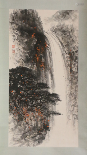 A CHINESE SCROLL PAINTING OF WATERFALL