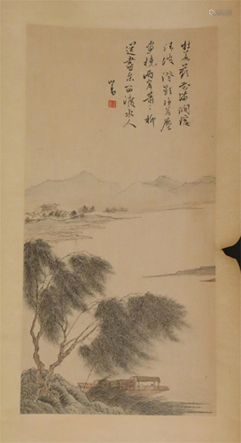 A CHINESE SCROLL PAINTING OF LANDSCAPE AND FIGURES