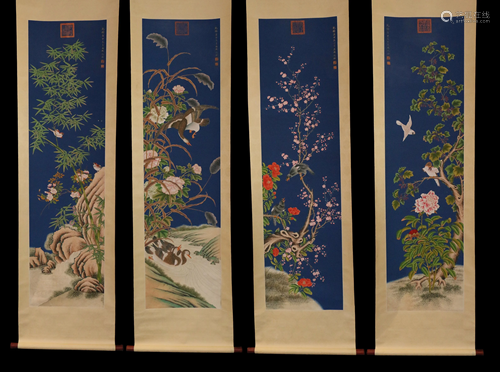 FOUR CHINESE SCROLL PAINTING S OF FLOWERS AND BIRDS