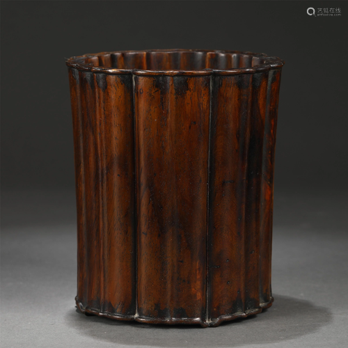 A CHINESE HUANGHUALI WOOD LOBED BRUSH POT