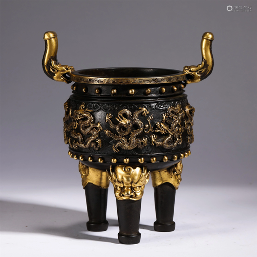 A CHINESE GILT BRONZE TRIPOD DRAGON INCENSE BURNER