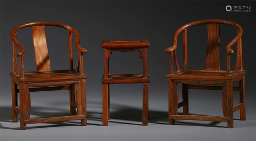 A SET OF CHINESE WOODEN ARM-CHAIRS AND A TABLE