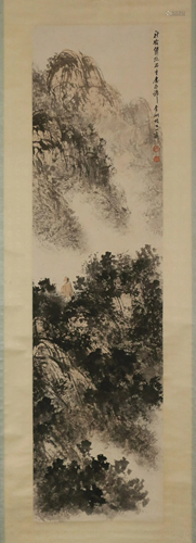 A CHINESE SCROLL PAINTING OF LANDSCAPE AND FIGURES