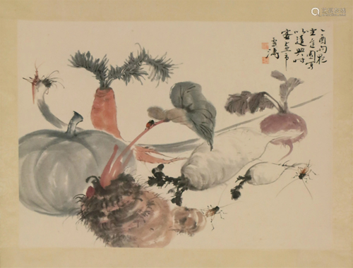 A CHINESE SCROLL PAINTING OF VEGETABLES AND INSECTS