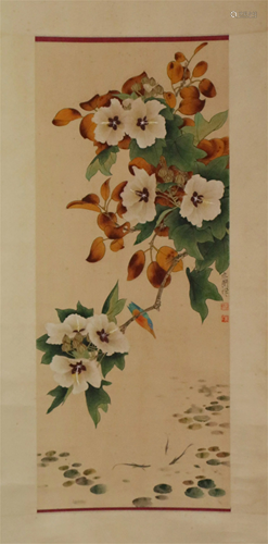 A CHINESE SCROLL PAINTING OF FLOWERS AND BIRD