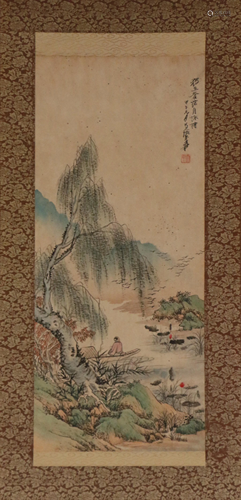 A CHINESE SCROLL PAINTING OF LANDSCAPE AND FIGURE