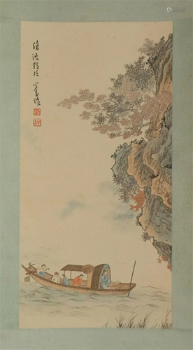 A CHINESE SCROLL PAINTING OF LANDSCAPE AND FIGURES