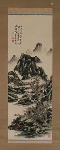 A CHINESE SCROLL PAINTING OF LANDSCAPE AND FIGURE