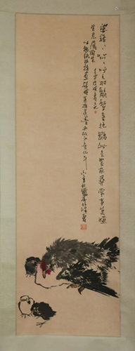 A CHINESE SCROLL PAINTING OF CHICKENS