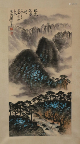 A CHINESE SCROLL PAINTING OF LANDSCAPE AND FIGURES