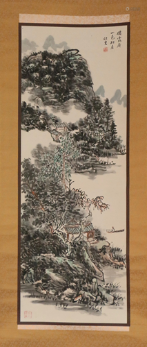 A CHINESE SCROLL PAINTING OF LANDSCAPE AND FIGURES