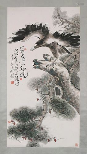 A CHINESE SCROLL PAINTING OF PINE AND EAGLE