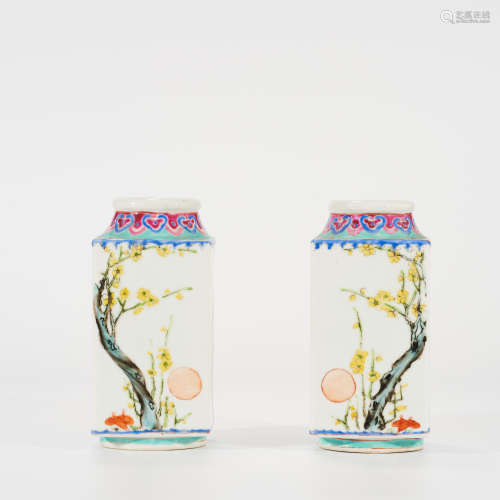 现代 二十世纪粉彩花卉纹琮式瓶
