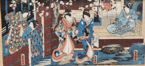 JAPON. Scène animée d'élégantes. Estampe en couleurs. Petite...